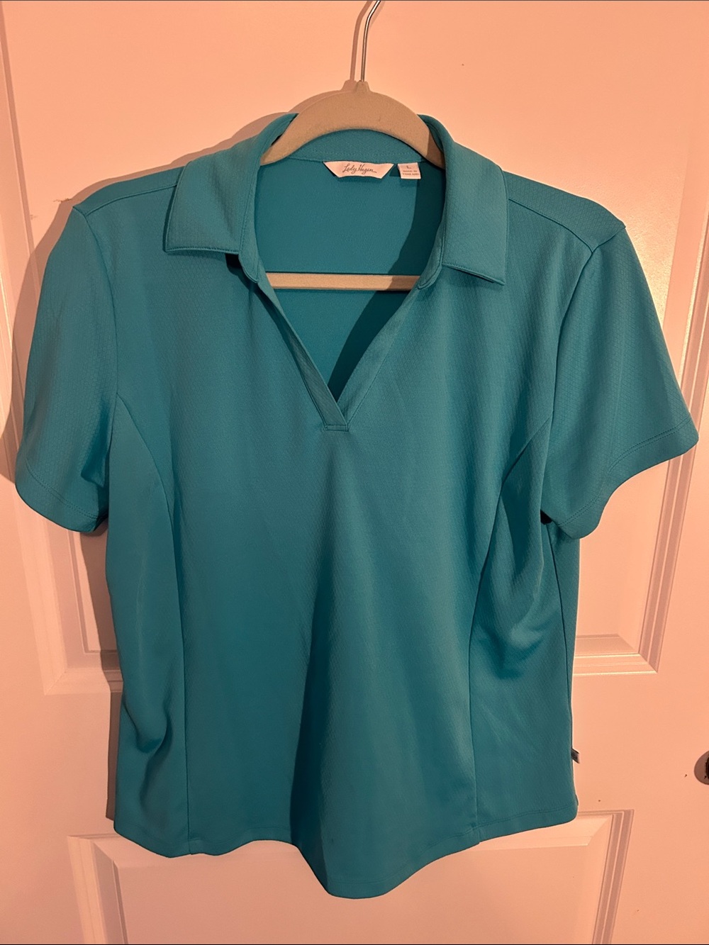 Lady Hagen Teal Short Sleeve Polo V‑Neck Top